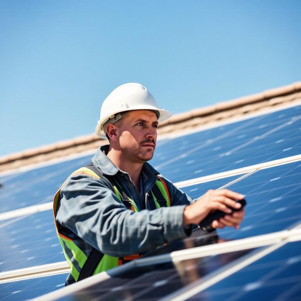 Solar panels under a bright California sky