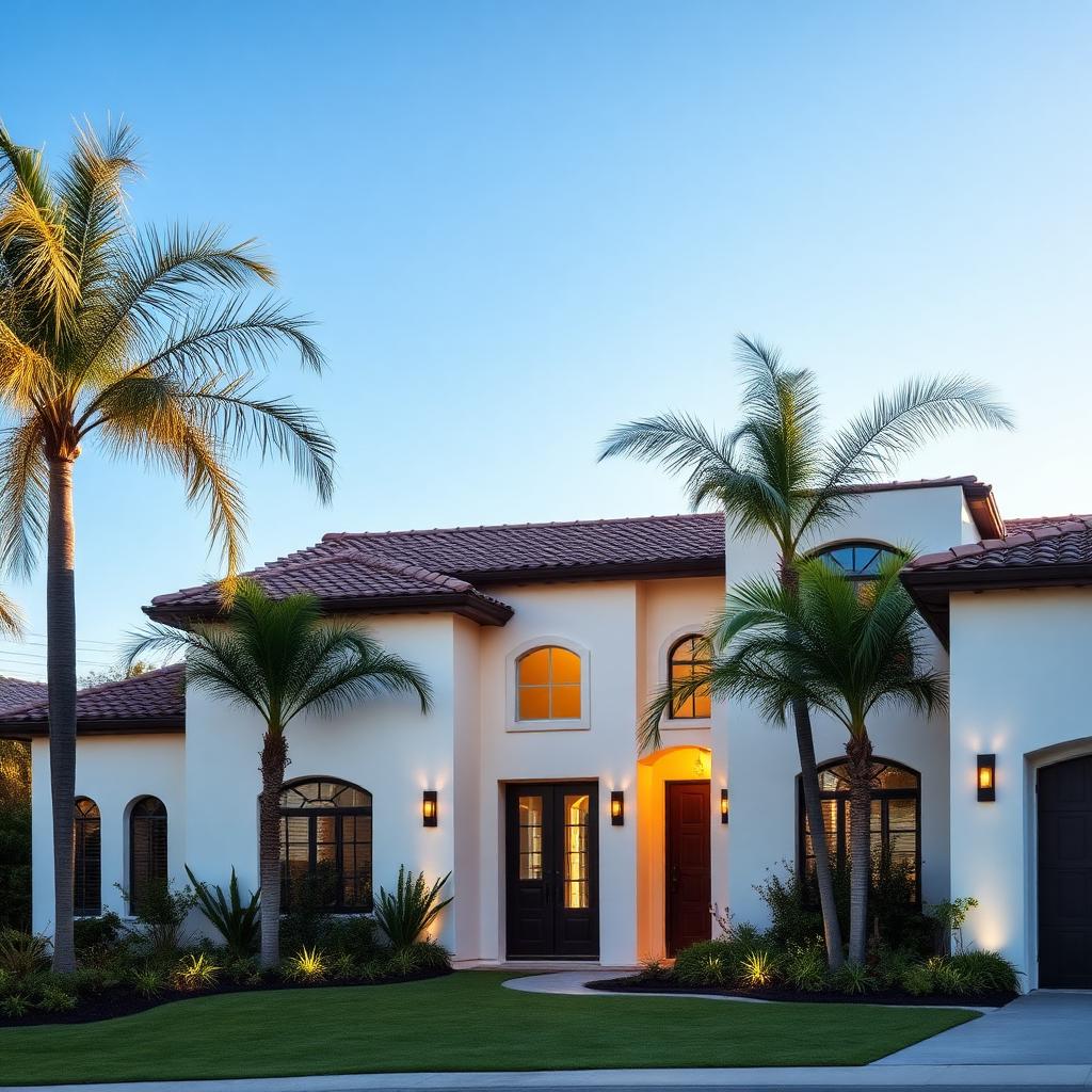 SoCal home with permanent architectural lighting at dusk